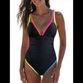 thumbnail image 2 of Traje de Baño de una Pieza para Mujer 2025 con Control de Abdomen, Diseño de Bloques de Color Neón, Cuello en V Profundo y Adelgazante Negro M, 2 of 8