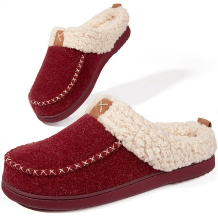 

LongBay Women s Wool Felt Sherpa Memory Foam Slippers with Plush Fleece Lining Slip on Moc Clogs Indoor Or Outdoor