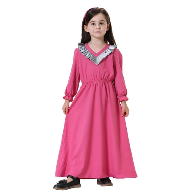 MIASHUI Robe Abaya Ethnique Élégante Longue pour Adolescentes Décontractée Mignonne pour Fête Rose Vif, 12-13 Ans