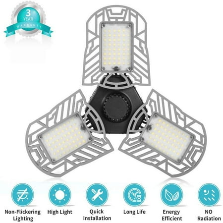 

LED Garage Lamp 80W Deformable Garage Ceiling Lamp 6000LM E26 Basement Lamp With 3 Adjustable Panel LED Bulbs For Studio Barn Wa