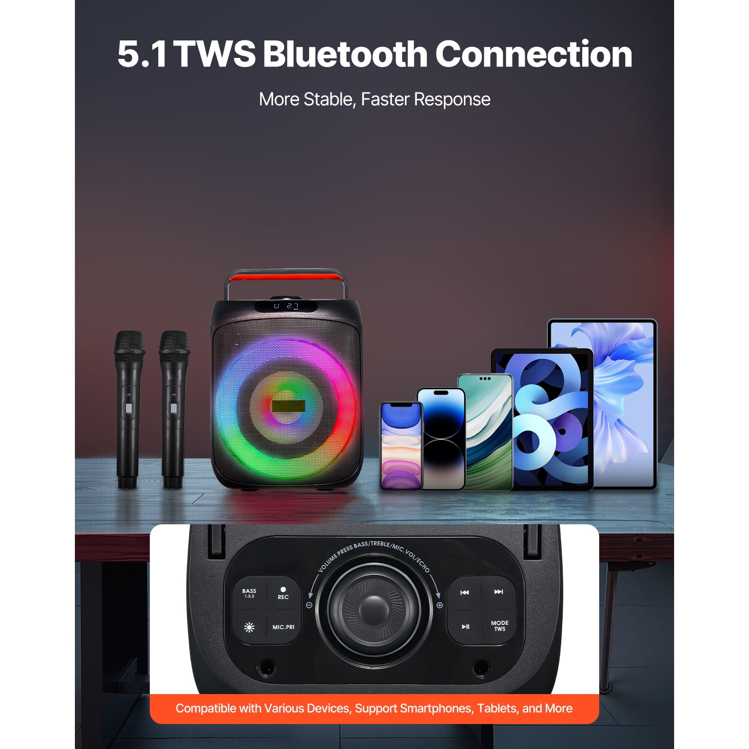 KFFKFF Portable Karaoke Machine for Adults, 30W Speaker with 6.5-inch Bluetooth Connectivity, Includes 2 Wireless Microphones, LED Lighting, TWS Capability, Handle, Supports Micro TF Card, USB