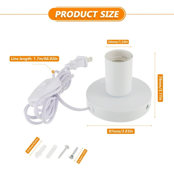 GHRTGR-Polished Metal Desktop Lamp Base, E26 E27 Screw Light Socket Edison Bulb Holder Base, Small Industrial Table Lamp Base Only, 6ft Cord On/Off Switch US Plug (White,2 Pack)