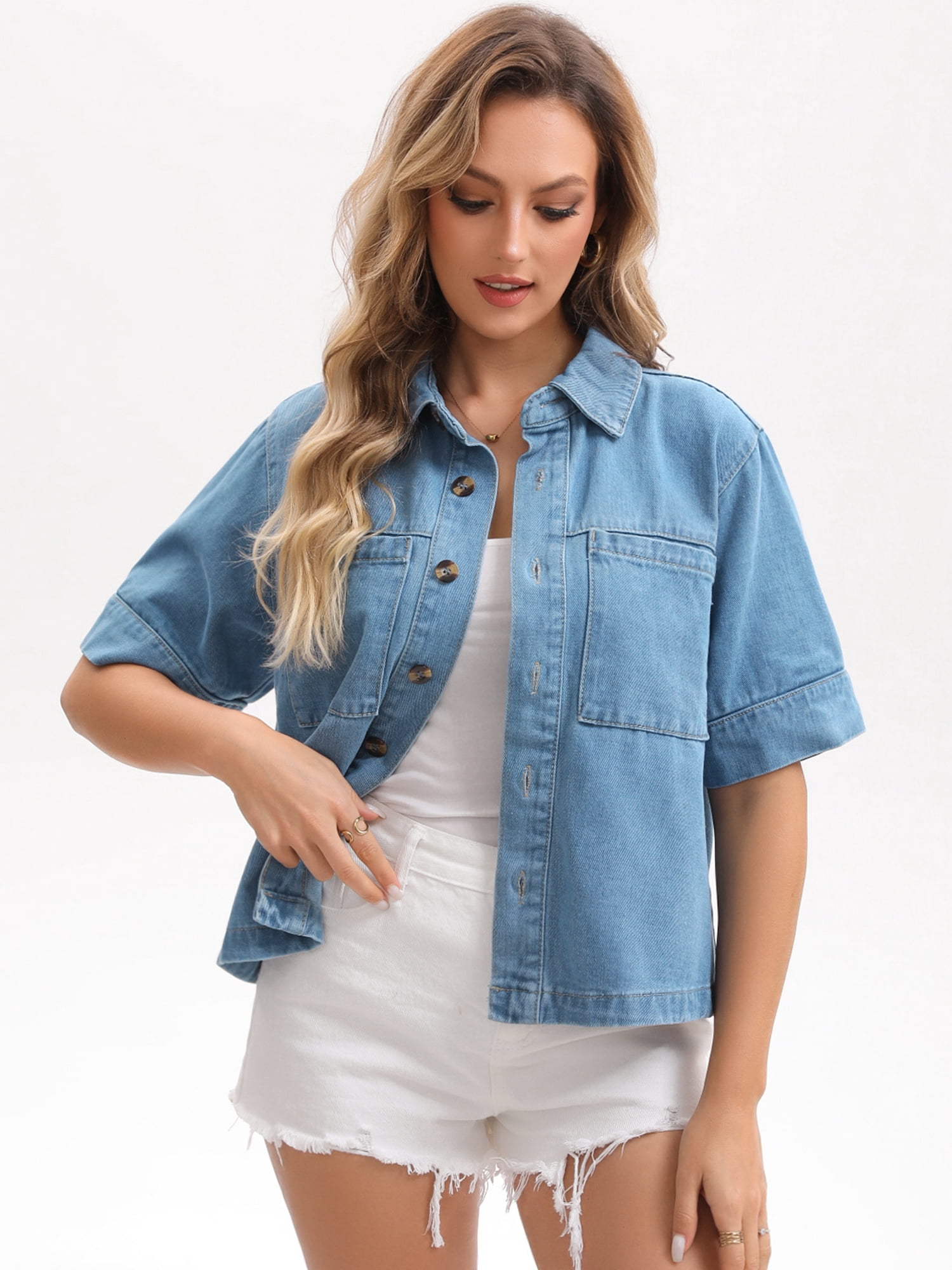 DARING DIVA Women's Short Sleeve Button Down Boxy Shirt Tops Jean Jacket M Light Blue