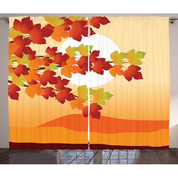 Autumn Curtains 2 Panels Set, Fall Season Landscape in Warm Tones Maple
