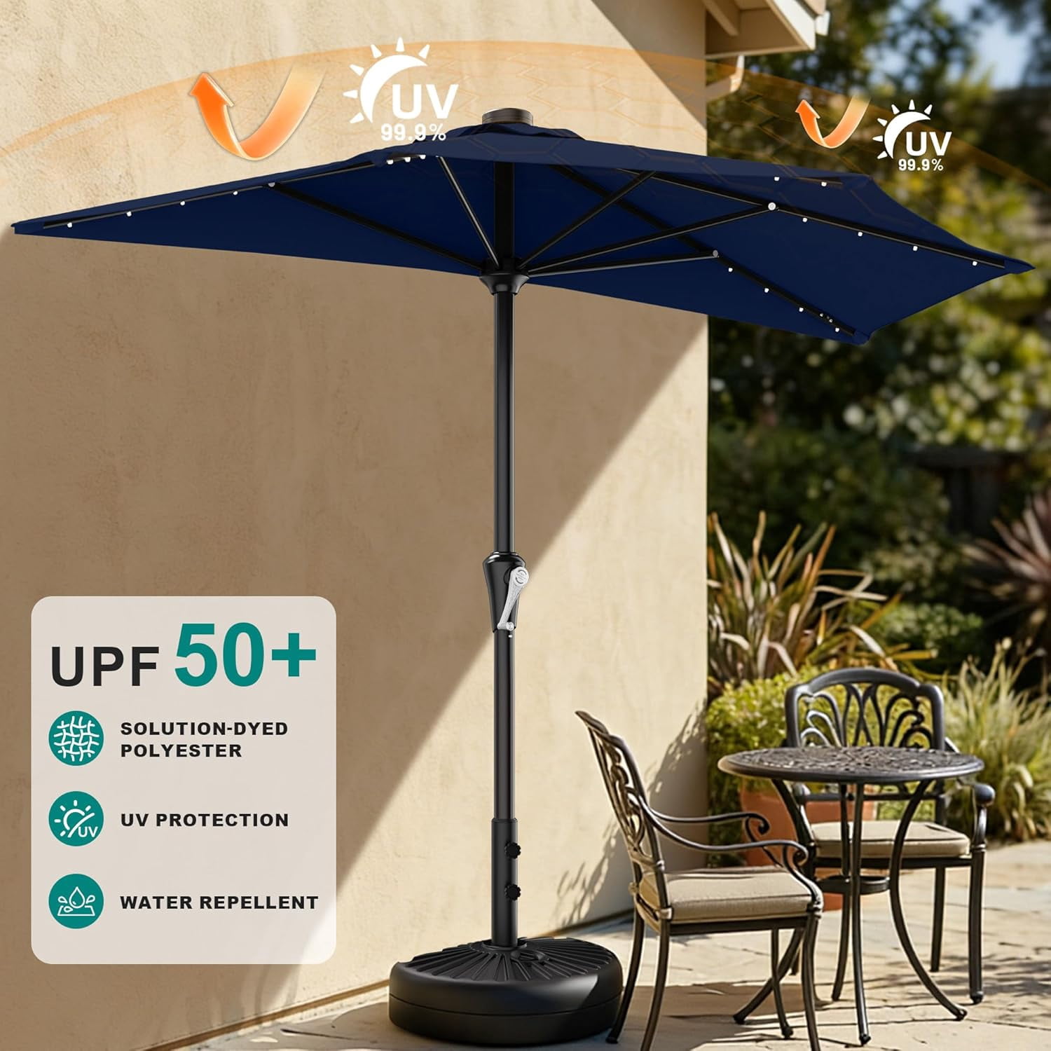 9ft Patio Half Umbrellas with Solar Lights, 1/2 LED Half Outdoor Umbrella w/ 20 LED Lights, Lighted Table Wall Umbrella with Crank & 5 Sturdy Ribs for Market, Pool, Deck, Lawn and Garden, Navy
