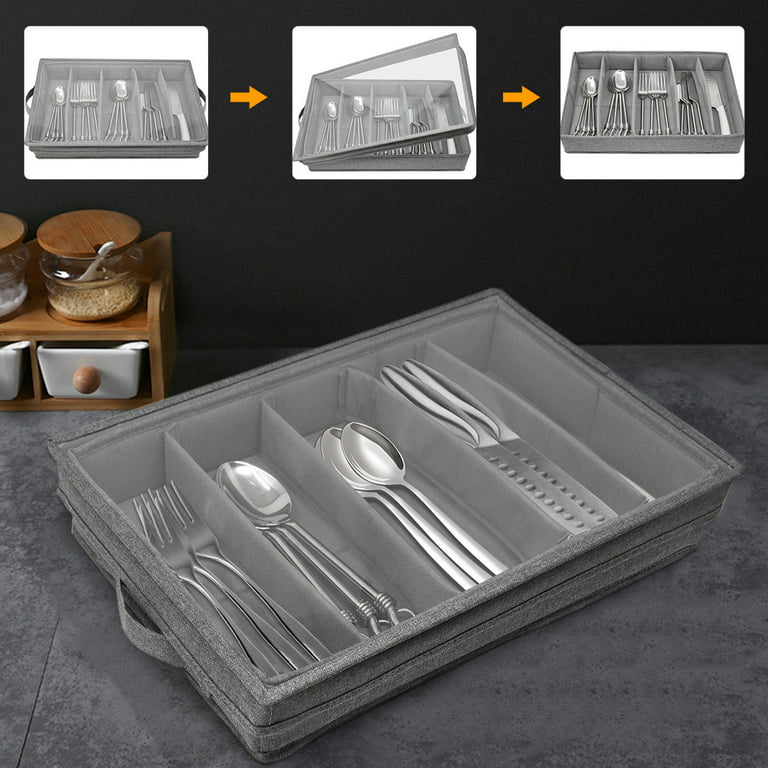 Silverware Storage Box Chest, Flatware Storage Case, Tableware Utensil  Chest with Removable Lid and Adjustable Dividers for Organizing Utensils