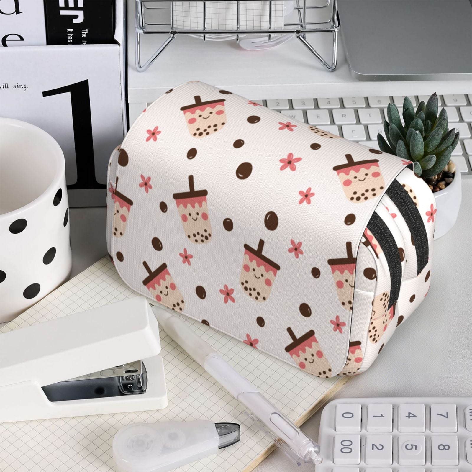 Rateoe Milk Tea4 Pattern Double Clamshell Pen Case, Storage Organizer with Two Zipper Compartments– Holds Up to 50 Pencils & Pens