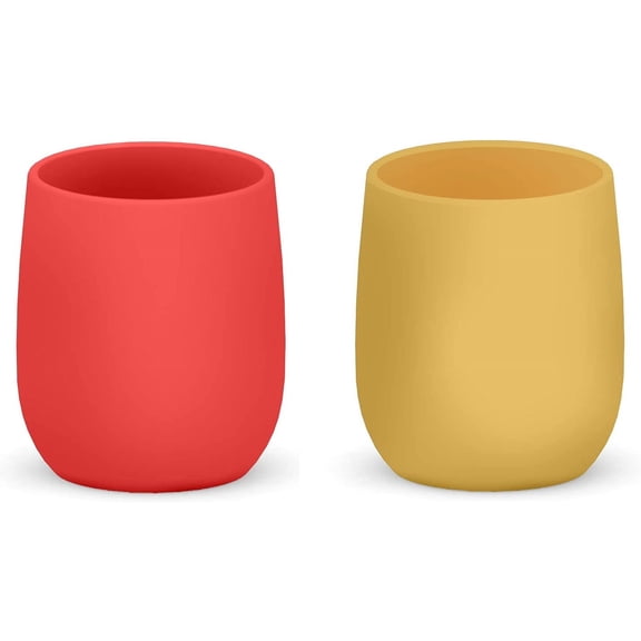 Toddler Cups Silicone Training Cup for Infants and Toddlers, Kids Mini Open Cups, NO BPA, 100% Silicone for Baby Led Weaning & Independent Drinking 3oz, 2 Count, 4 Month+ (Baby Blue/Yellow)