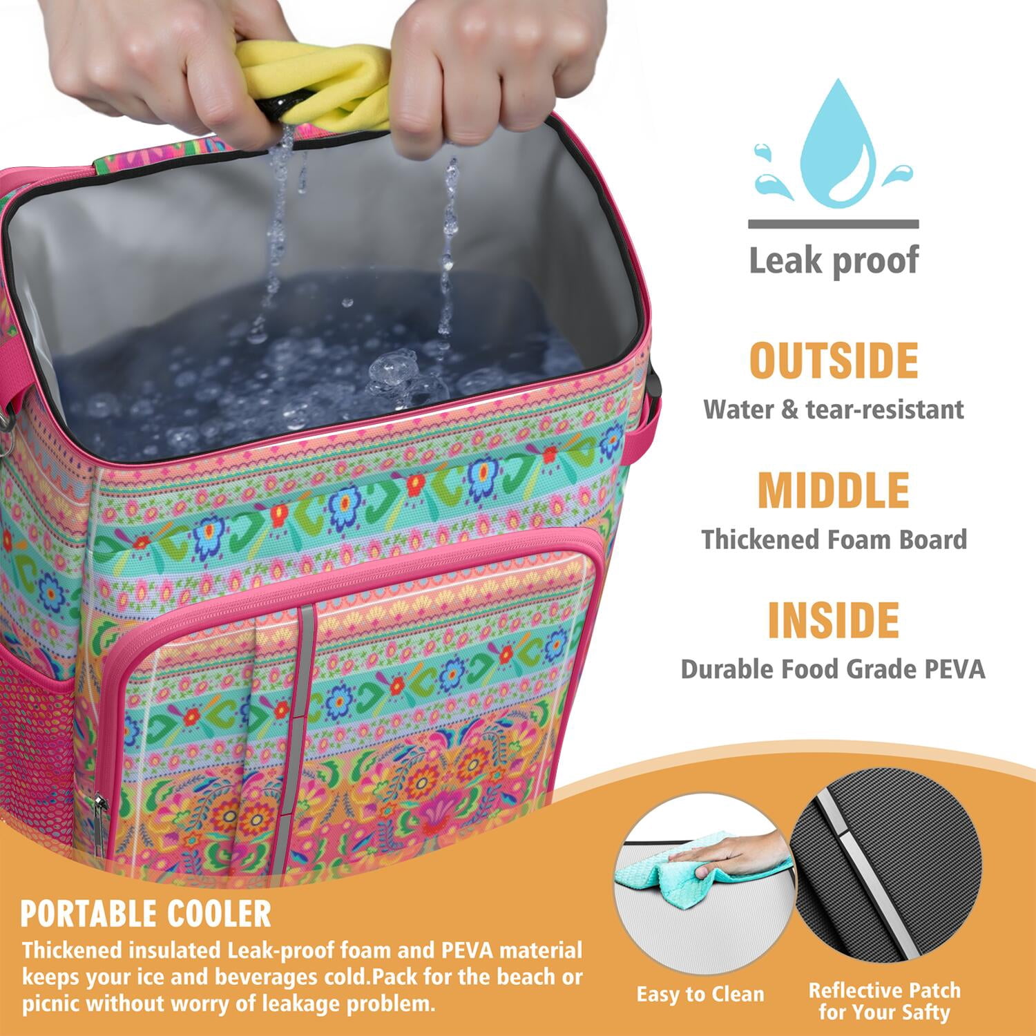 Travel Cooler Bag - Boho Bohemia Pioneer Flower Geometric Line Art Camping Beer Cooler Backpack with Bottle Opener- Waterproof Insulated Picnic Backpacks - Cooler Bag for Beach