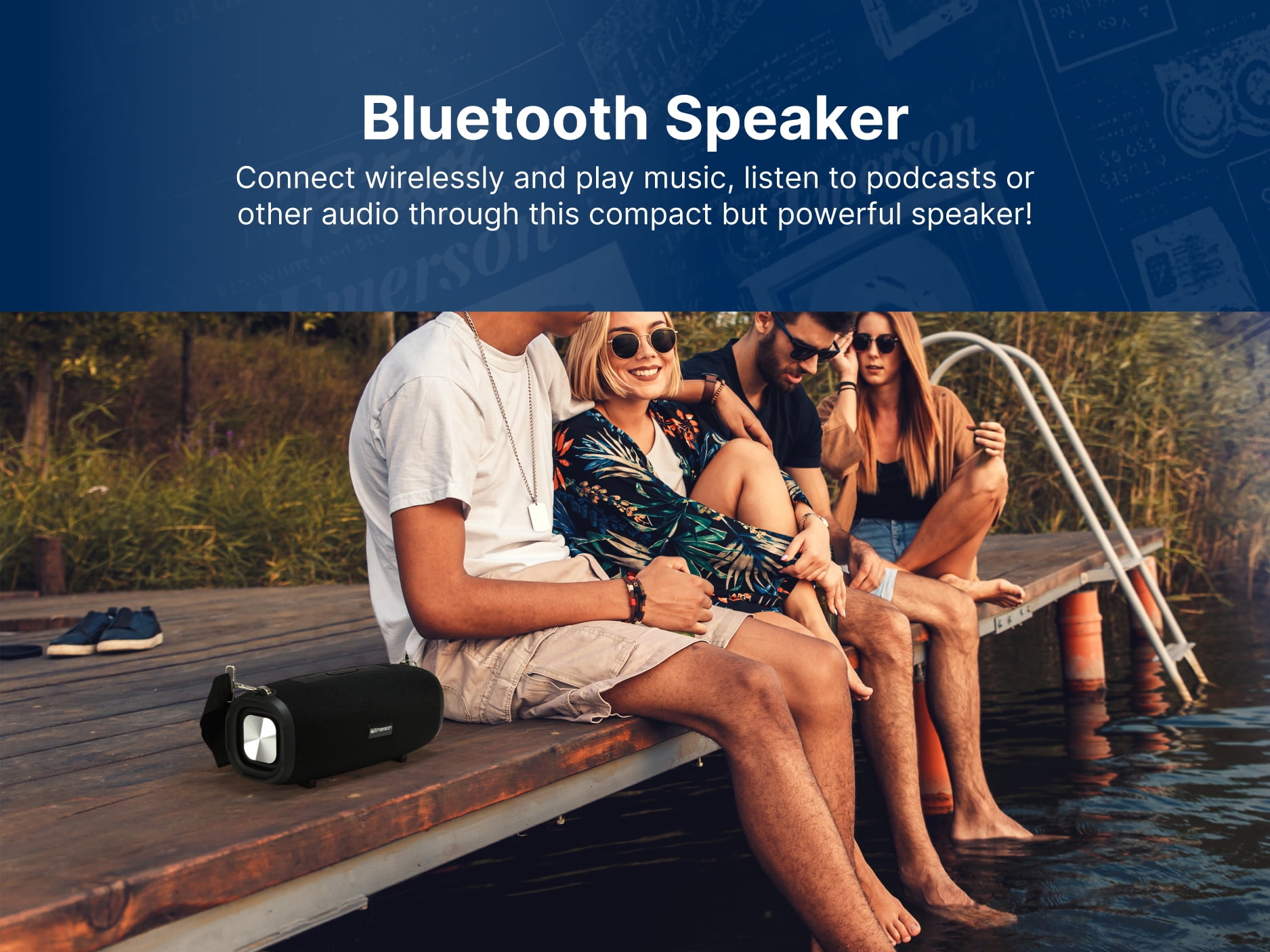 Emerson EAS-3000 Portable Bluetooth Speaker with Carrying Strap, Black