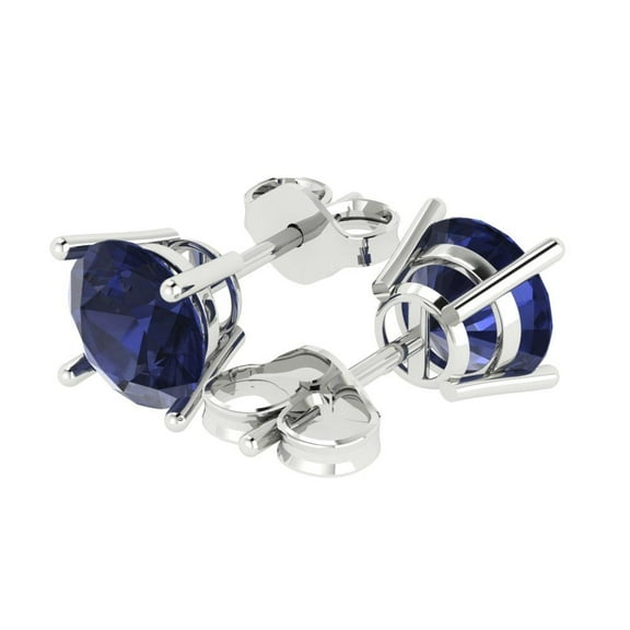 4 Ct Round Cut Studs Blue Sapphire 14K White Solid Solid Gold Everyday Dainty Earrings Push Back