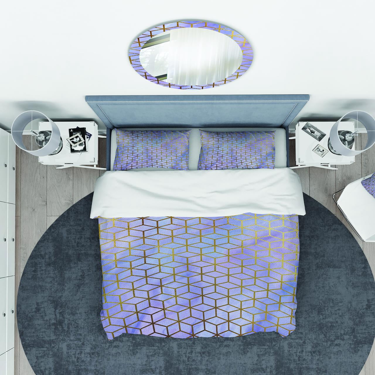 Designart 'Geometric Cubes in Gold and Purple' Modern & Contemporary Duvet Cover Set