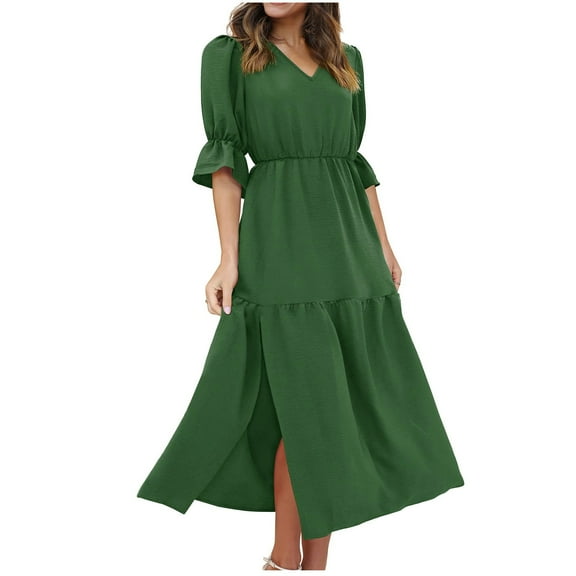 Gaecuw Womens Wedding Guest Dress Summer V Neck Short Sleeve Champagne Dresses Calf Length Maxi Dresses Swing Party Dress Prom Dresses Flowy Graduation Dresses Solid Trendy Dresses Semi Formal Dress