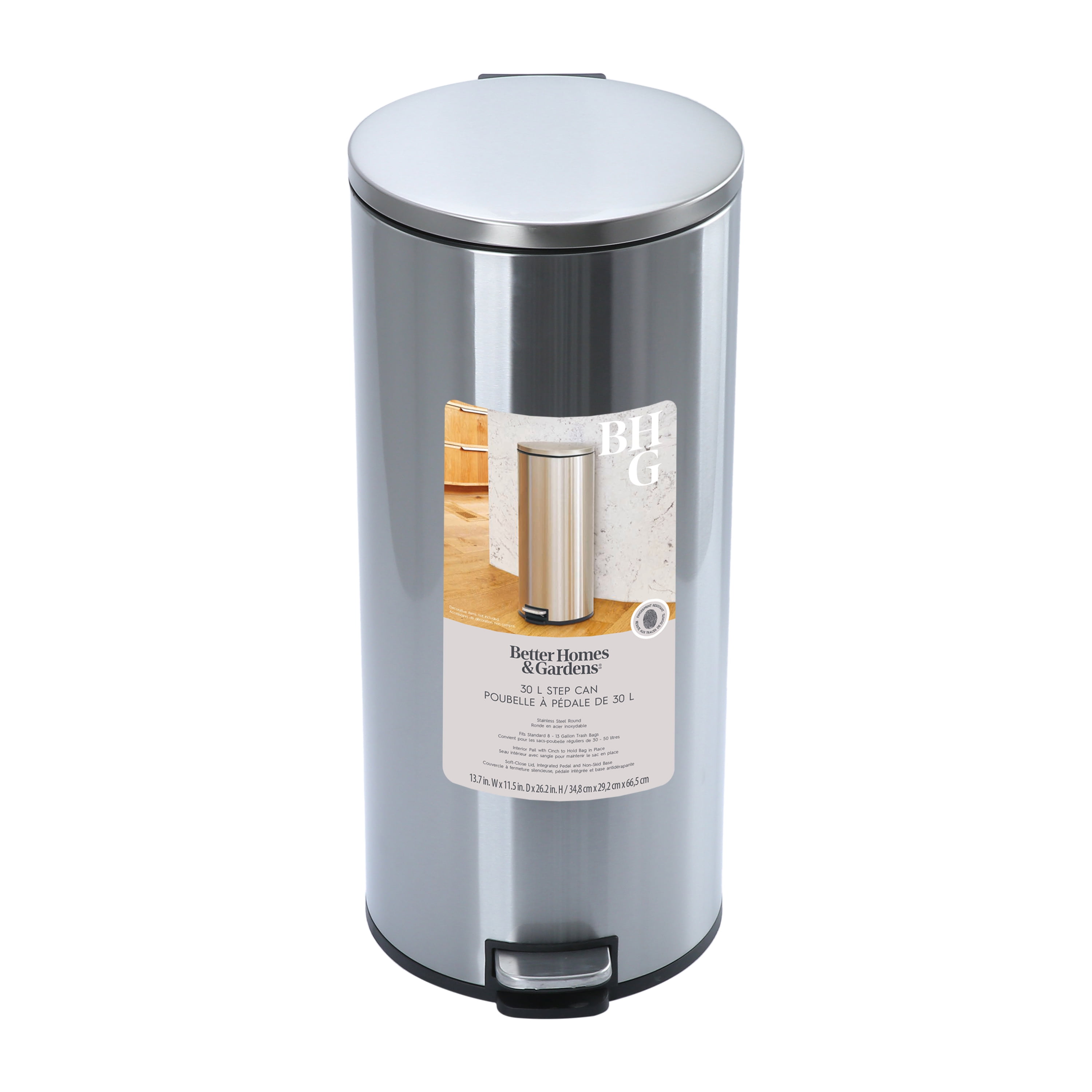 Better Homes & Gardens Kitchen Trash Can, 30 Litre Stainless Steel Round Step Garbage Bin with Soft Close Lid, Silver