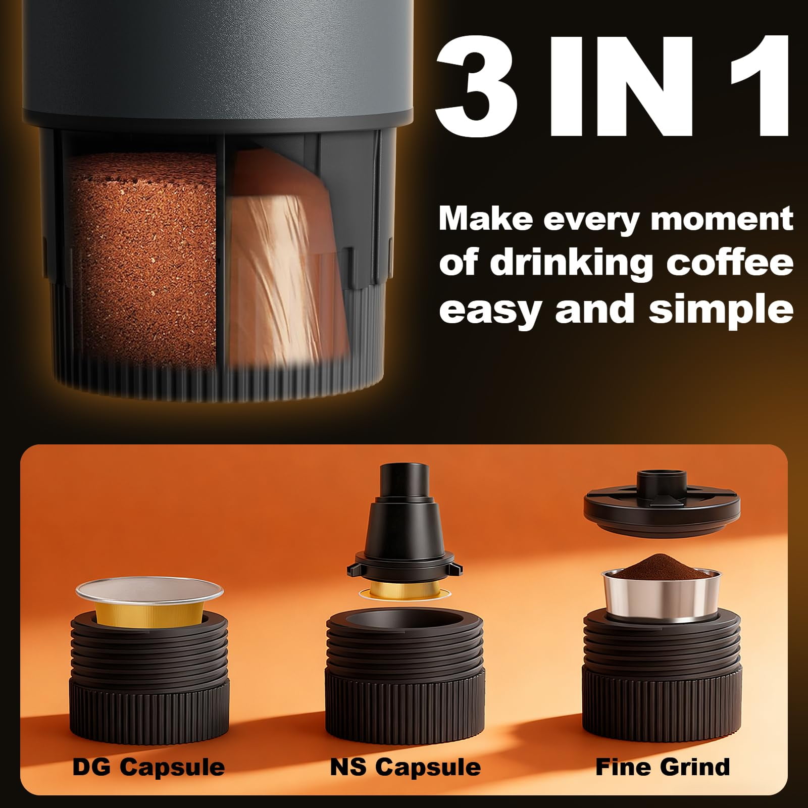GVODE Portable Espresso Machine, Self-Heating 3-in-1 Portable Coffee Maker, 20 Bar Electric Travel Espresso Maker for Capsules & Ground Coffee, Gray