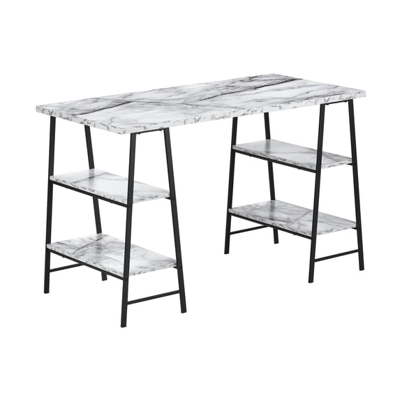 Computer Desk, Home Office, Laptop, Storage Shelves, 48"l, Work, White Marble Look Laminate, Black Metal, Contemporary, Modern