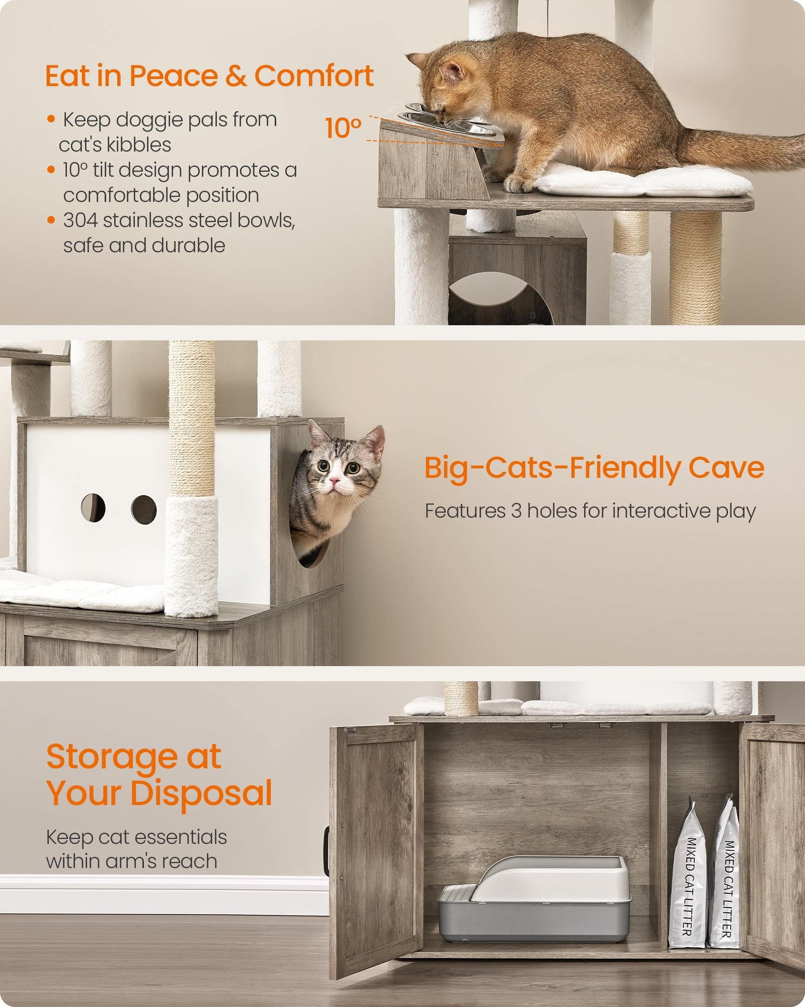 Cat Tree, 66.9-Inch Cat Tower with Litter Box Enclosure, Large Cat Condo with Scratching Posts, Food Station, Hammock, Washable Cushions, Heather Greige