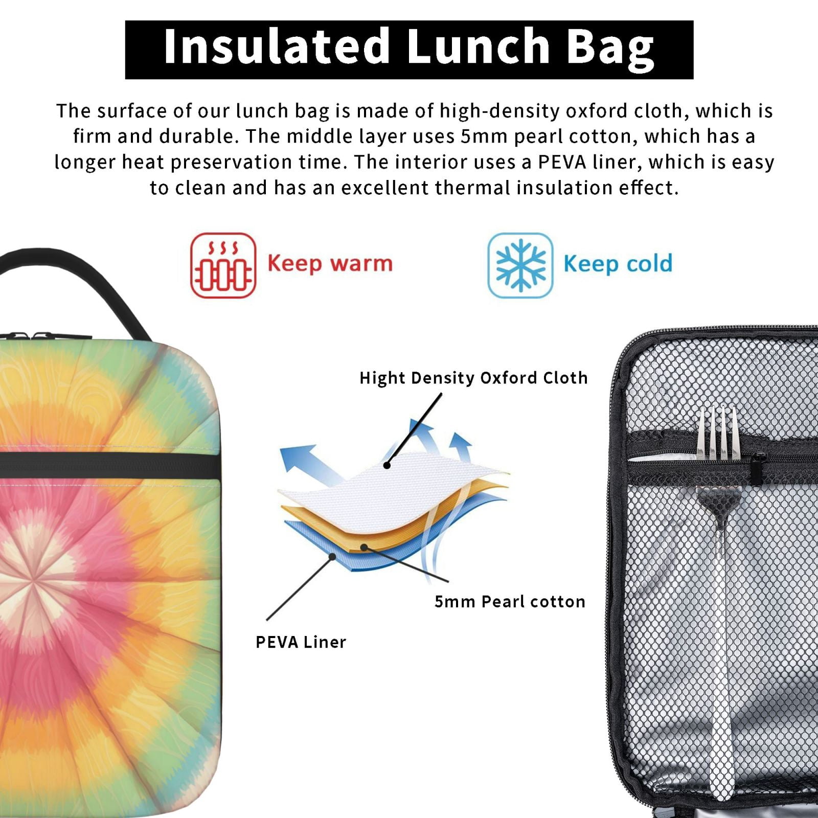 Lunch Bag For Women Men Insulated Portable Lunch Box Bento Box Office Picnic Travel Cooler Bag Tie-Dye Pattern Bright Colors (2)