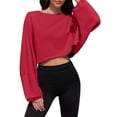 thumbnail image 3 of Women Long Sleeve Crew Neck Loose Fit Casual Cropped Sweatshirts Tops, 3 of 5