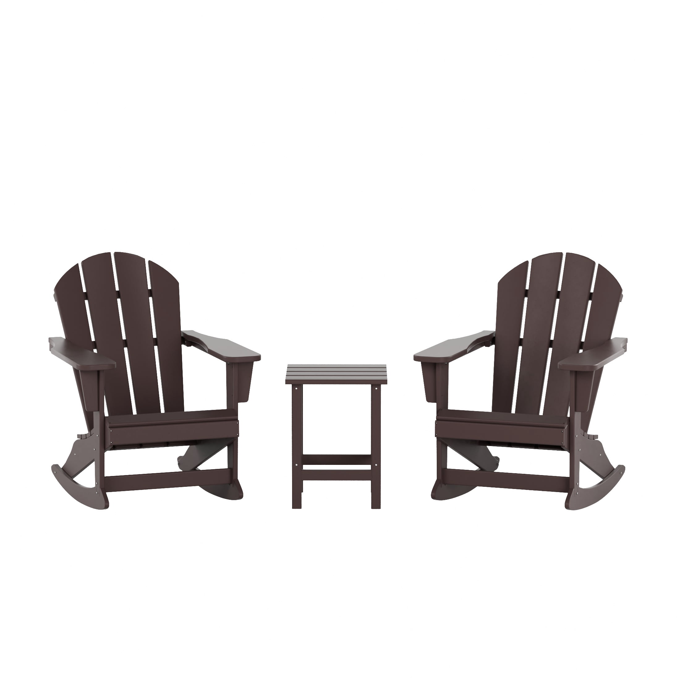 WestinTrends Malibu 3 Piece Outdoor Rocking Chair Set, All Weather Poly Lumber Porch Patio Adirondack Rocking Chair Set of 2 with Side Table, Dark Brown, 2 person, Polyethylene, Plastic