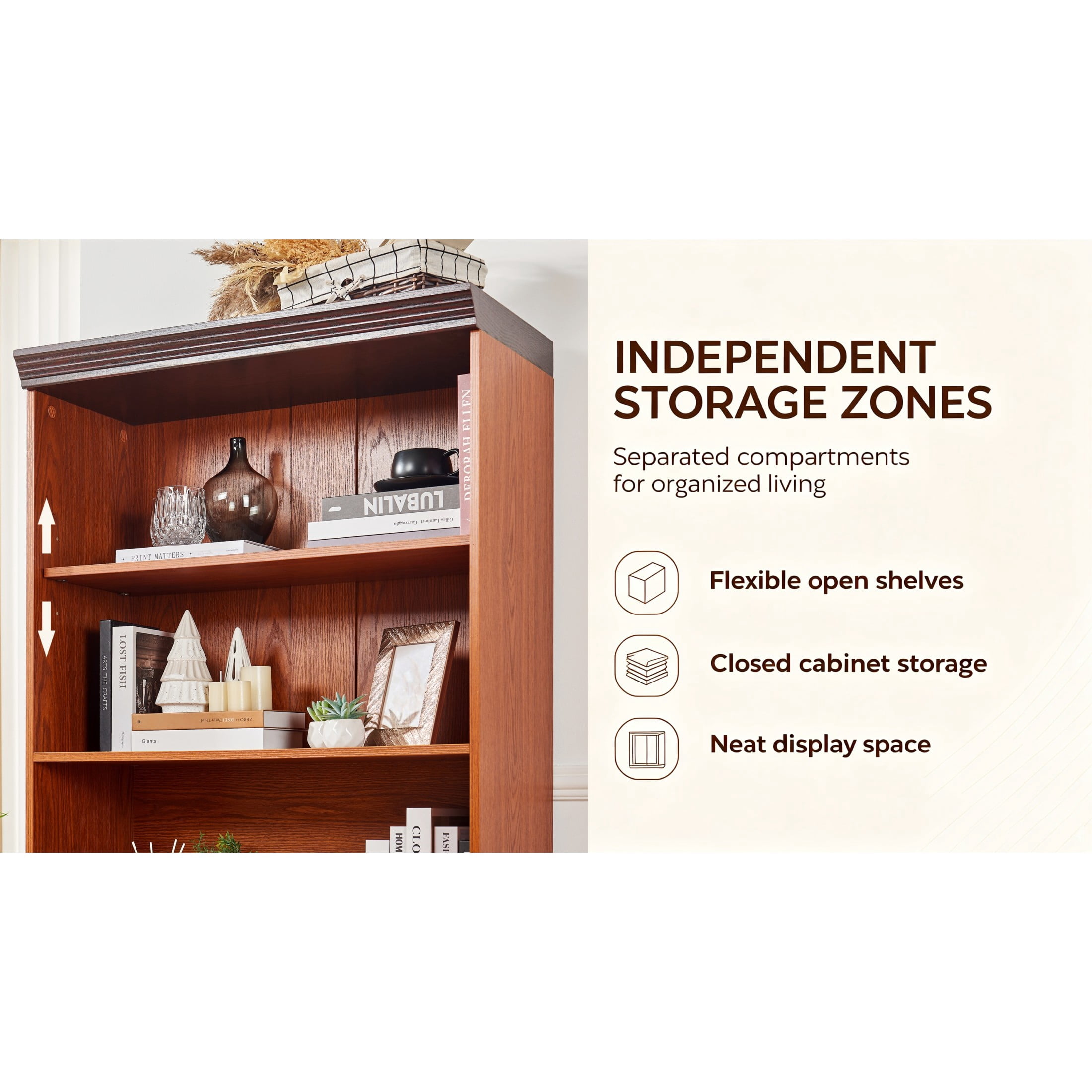 GDF Studio Calis 70.86" Tall Freestanding Storage Cabinet with Doors, Adjustable Shelves Display Cabinet, Dark Oak