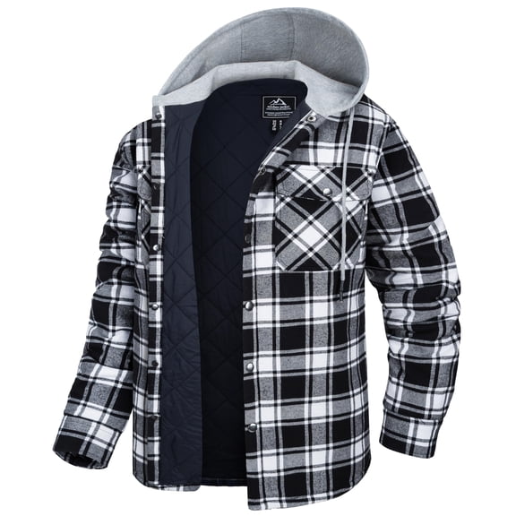 TACVASEN Men's Flannel Hooded Jacket Quilted Lined Plaid Button Down Cotton Jackets Black XL