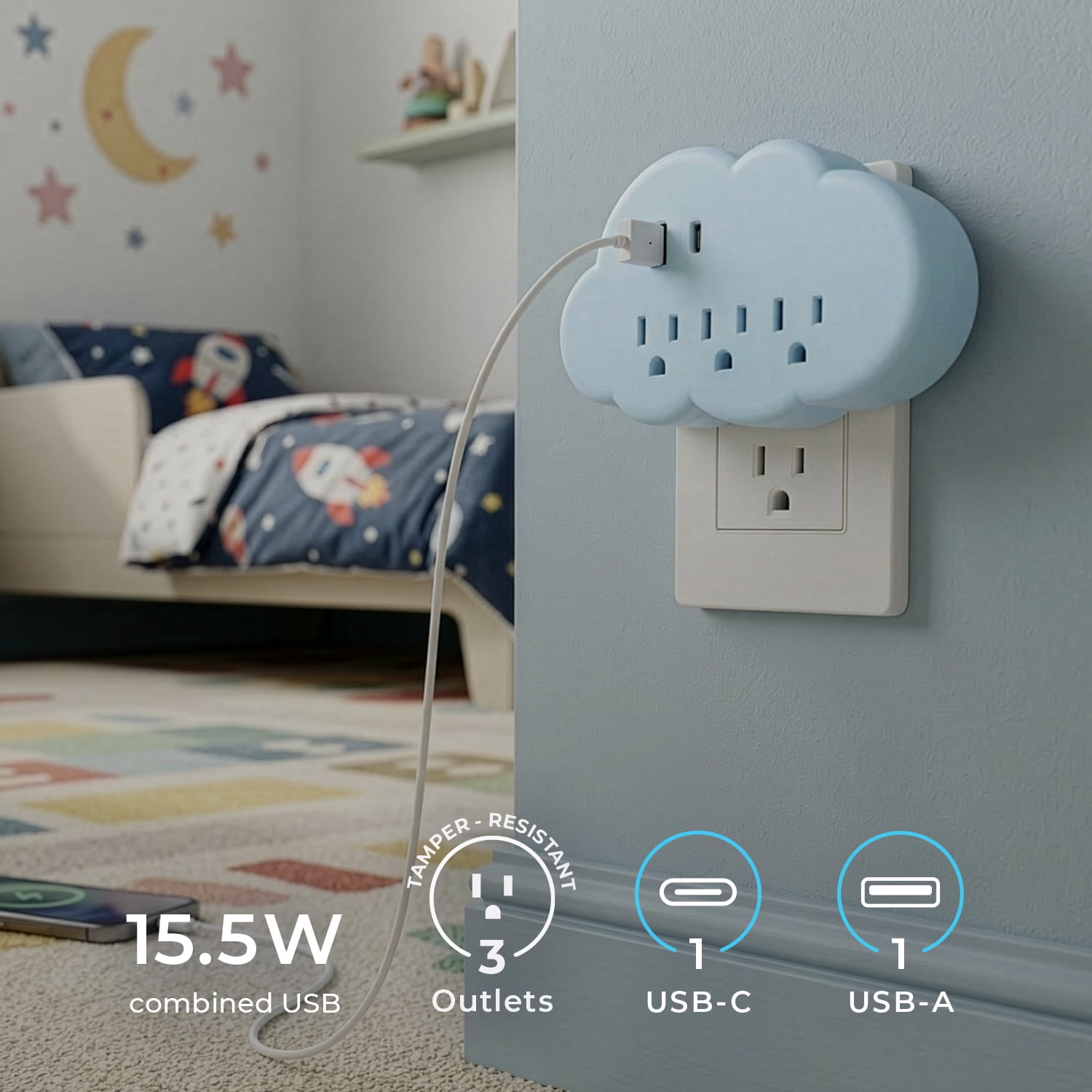 Globe Electric 3-Outlet Cloud Indoor Wall Tap Charger, 1 USB-A and 1 USB-C Port, Blue