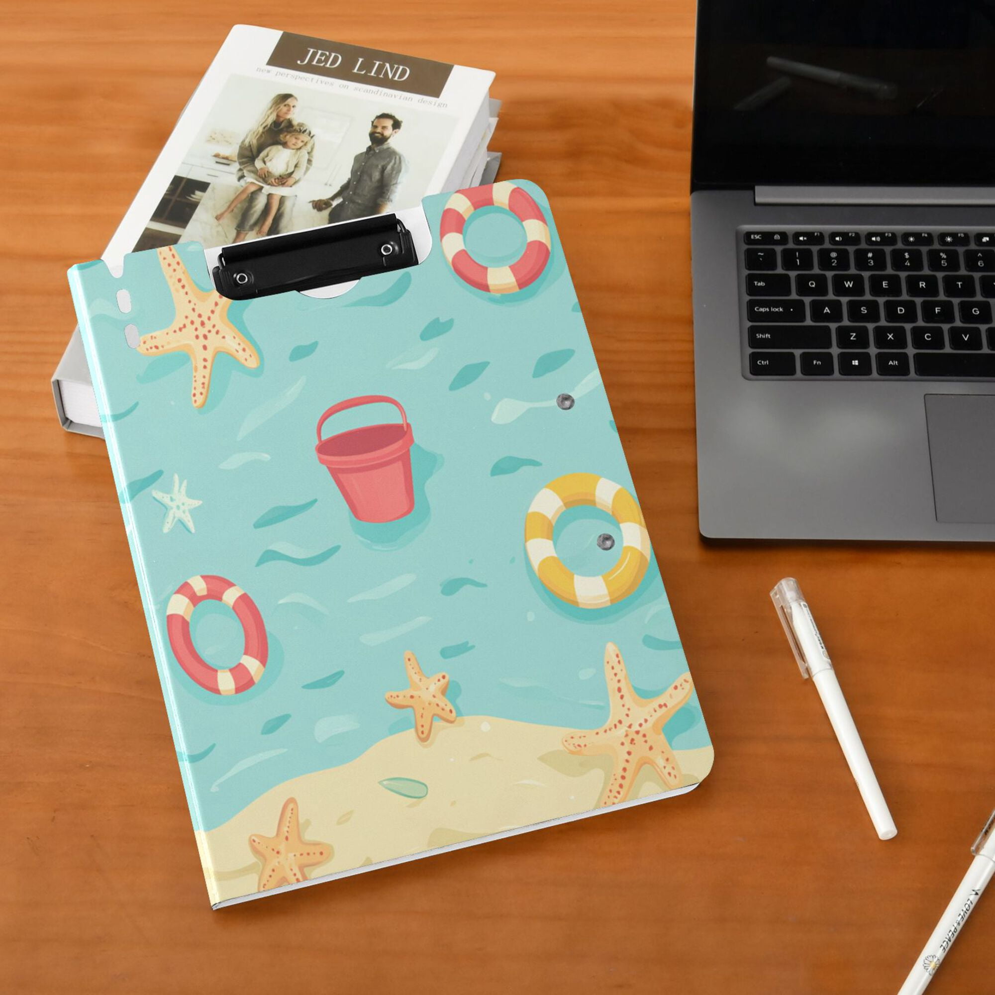 FORMRS A4 Clipboard Folder with Pen Holder Horizontal Foldable School Office Binder, Blue Beach Pattern