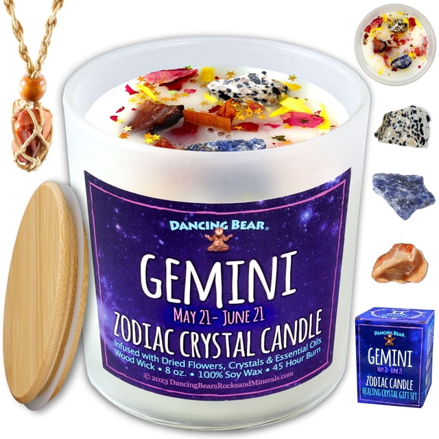 Set de Caja de Regalo de Velas Zodiacales Osito Bailarín Géminis con Cristales