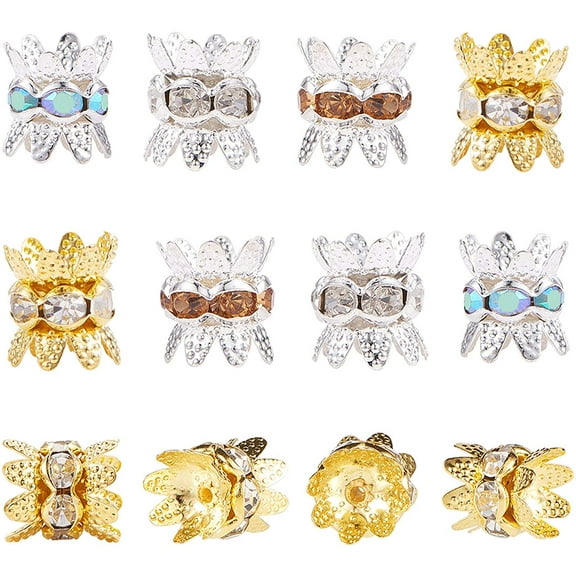 1 Box 40pcs 4 Colors Double Beads Caps with Rhinestone Filigree Flower Cup 8mm Rhinestone Bead Caps Cap Spacer for Jewelry Making DIY