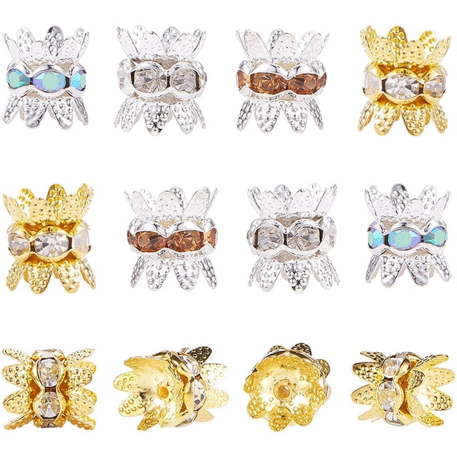 40pcs 4 Colors Double Beads Caps with Rhinestone Filigree Flower Cup 8mm Rhinestone Bead Caps Cap Spacer for Jewelry Making DIY