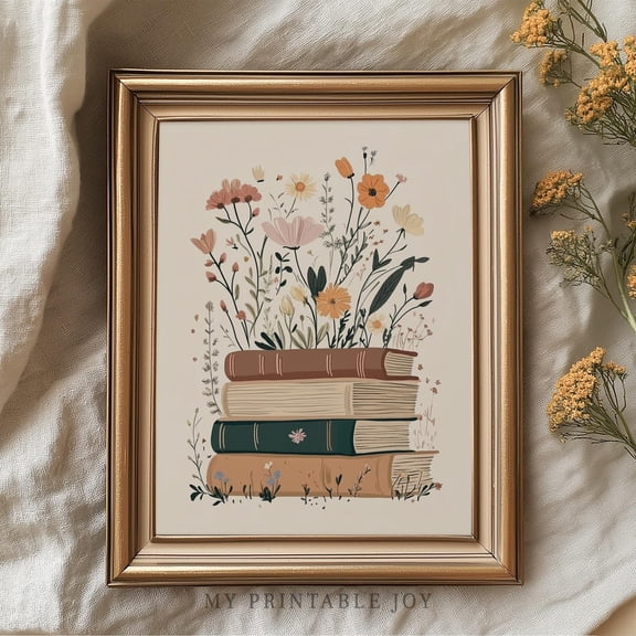 Book Stack With Wildflowers Wall Art Print, Neutral Cottagecore Literary Decor