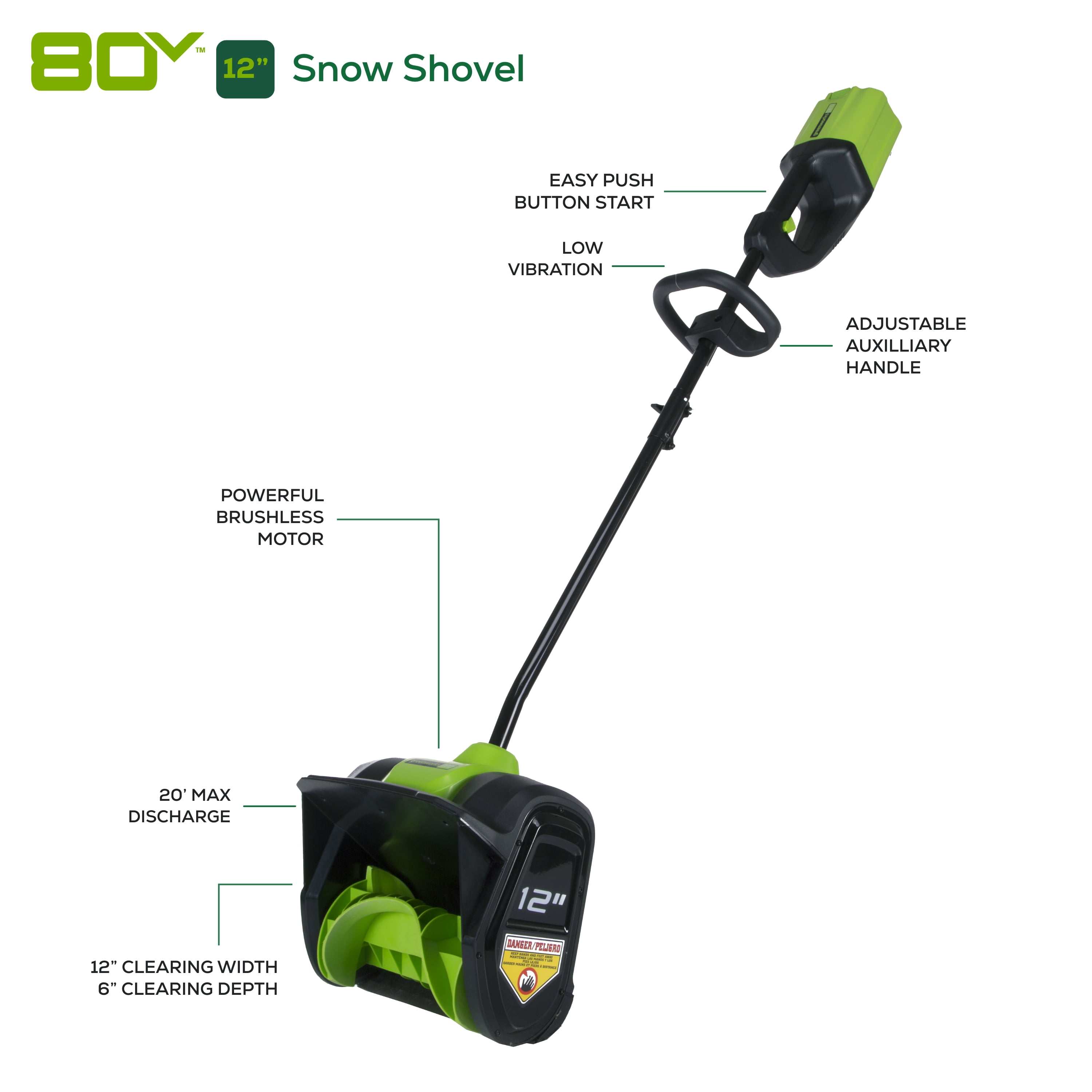 Greenworks 80V 12 Inch Cordless Battery Snow Shovel with 2.0 Ah Battery and Charger
