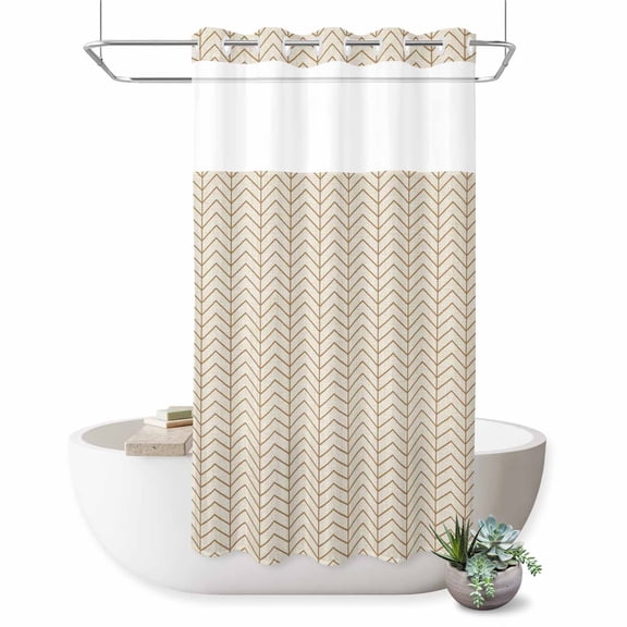No Hook Shower Curtain, Simple Line Linen Texture Shower Curtains for Bathroom with See Through Top Window, Beige Modern Art Geometric Waterproof & Washable Bath Curtain Small Stall 36"x78"