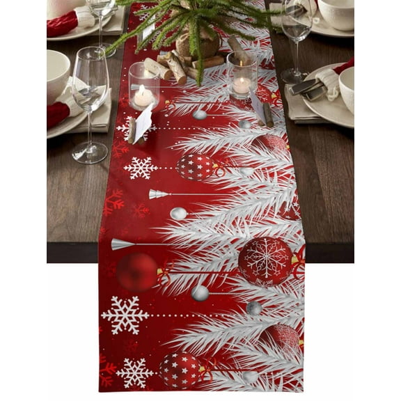 Christmas Table Runner Red Christmas Balls Table Runners Silver Pine Tree White Snowflake Cotton Linen Dresser Scarf Kitchen Dining Table Decor for Christmas Holiday Party Decor 13x36 Inch