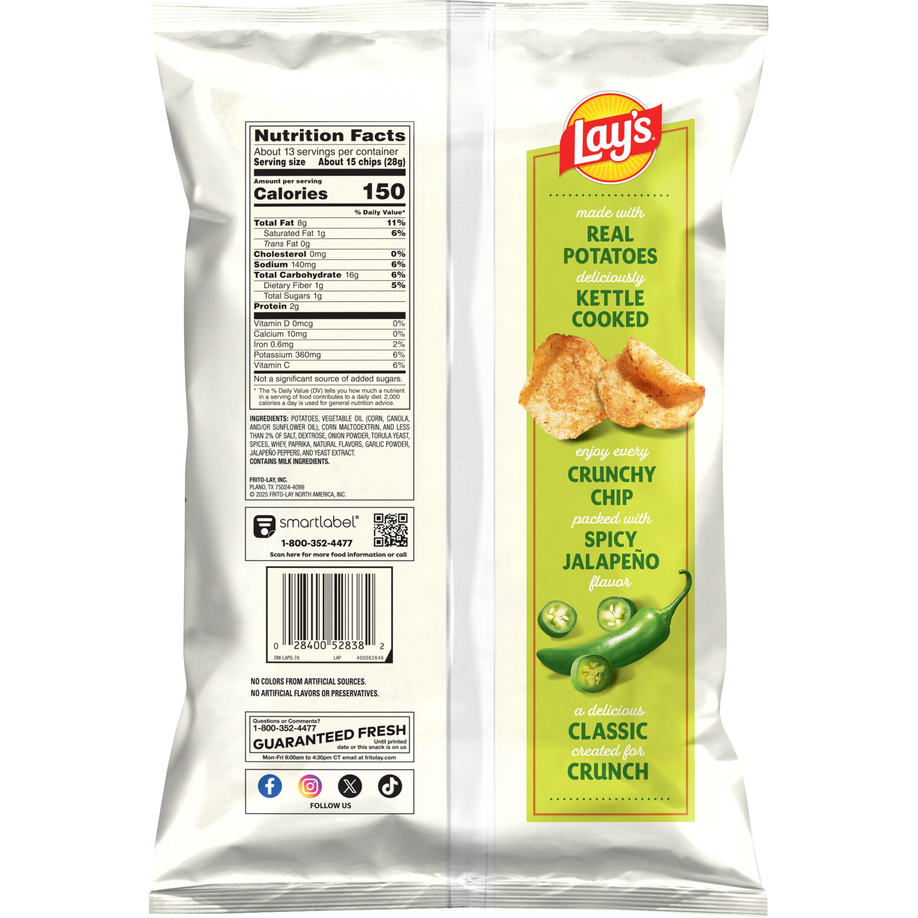 (3 pack) Lay’s Jalapeno Kettle Cooked Potato Chips Party Size Bag, 12.5 oz