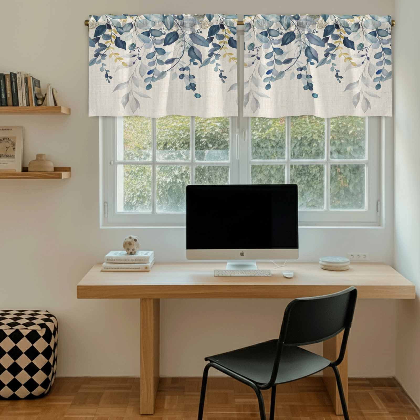 Navy Blue Eucalyptus Tier Curtains 36 Inch Length, Farmhouse Weeping Leaves Linen Cafe Short Curtains for Bathroom Over Sink, Small Kitchen Curtain Light Filtering Tiered Drapes 2 Panels 27.5"Wx36"L