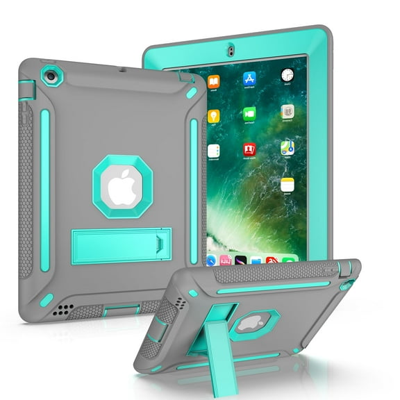 Allytech Silicone Case for iPad 4 / iPad 3/ iPad 2, Three Layers Silicone PC Heavy Duty Defender Kickstand Feature Shockproof Case Cover for Apple iPad 2nd/3rd/4th Generation, Gray Skyblue