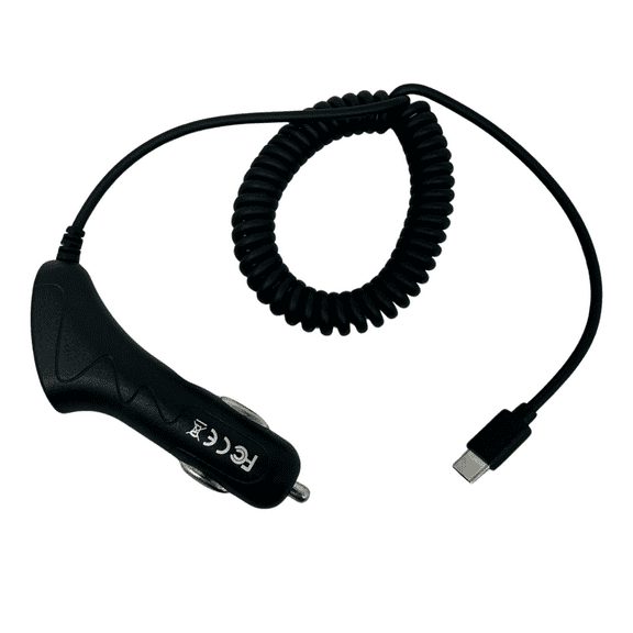 USB Type-C Car Charger with Coiled Cable, 12-24V Input, 5V Output, Black