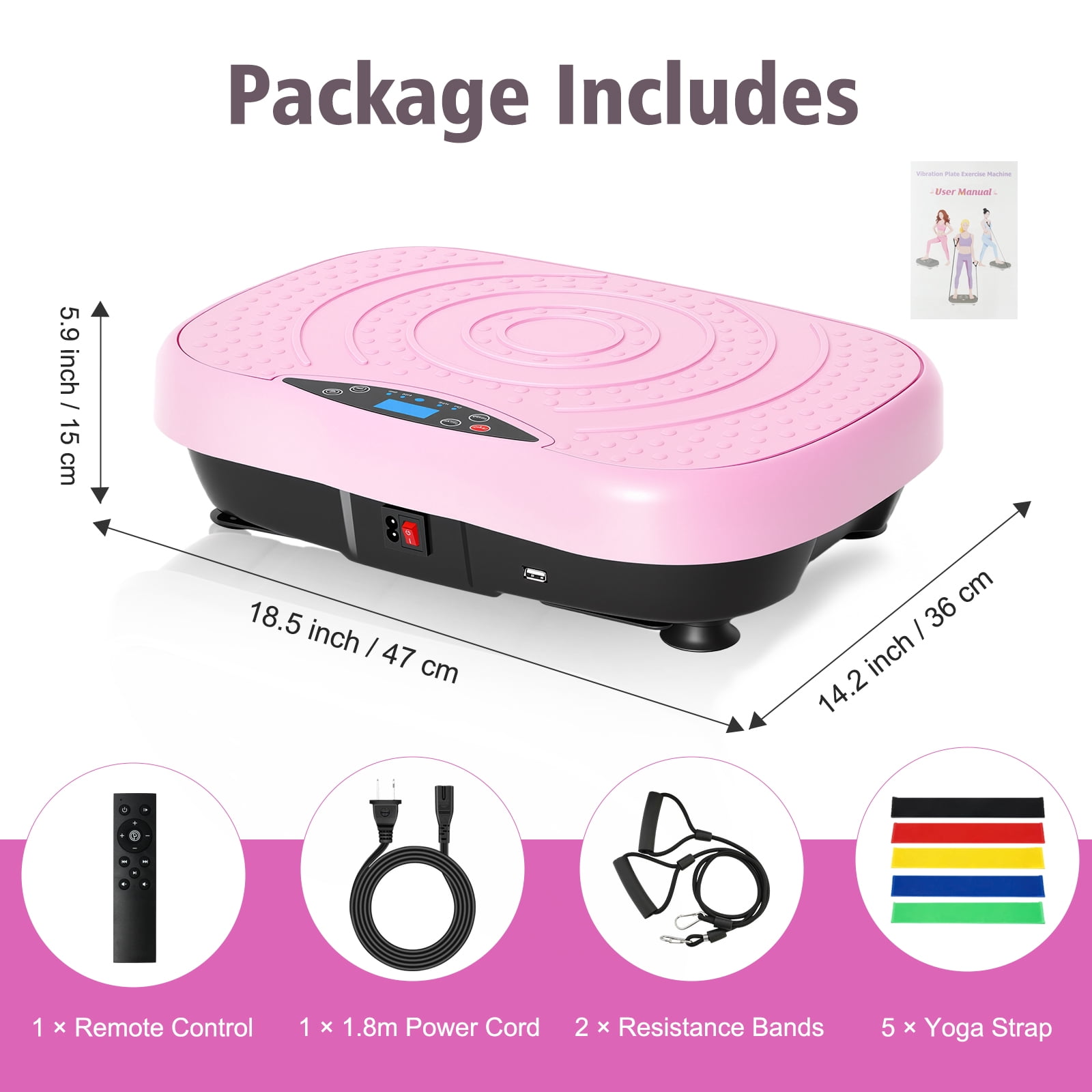 RICAN Vibration Plate Exercise Machine with Bluetooth, Resistance Bands, Loop Bands & Remote Control for Weight Loss Fat Burner, Pink