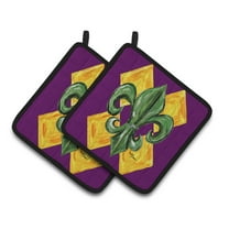 Mardi Gras Fleur de lis Purple Green and Gold Pair of Pot Holders