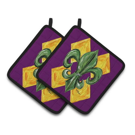 Mardi Gras Fleur de lis Purple Green and Gold Pair of Pot Holders