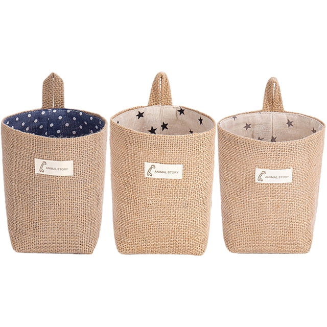 3 bolsas de almacenamiento para colgar en la pared, cesta de almacenamiento de lino y algodón, cesta organizadora plegable para colgar en la pared.