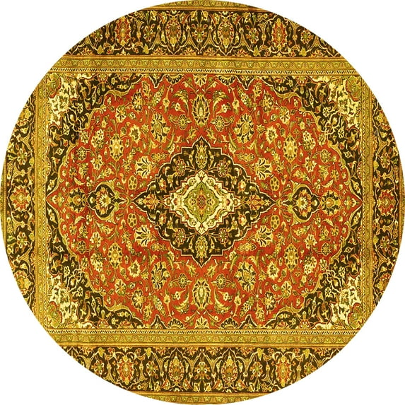 Ahgly Company Machine Washable Indoor Round Medallion Yellow Traditional Area Rugs, 6' Round