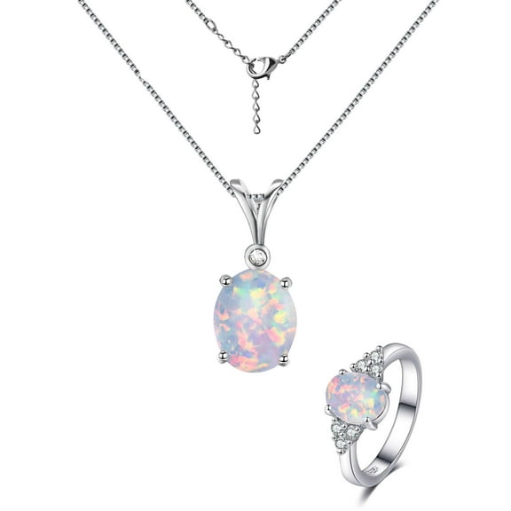 LAVA Opal Jewelry Sets for Women Sterling Silver Birthstone Necklace and Ring Set
