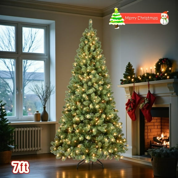 Tcbosik 7ft Prelit Artificial Christmas Tree with 400 Warm White Lights, 1072 Branch Tips and Metal Stand, Perfect Choice for Xmas Decoration, Green