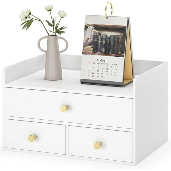 Bamboo Desk Organizer with Drawers Wooden Desktop Storage Drawers for Bills Office Supplies Kitchen Utensils Organizing Tool for Home Classroom Organization No Assembly (3 Drawers, White)