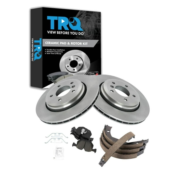 TRQ Rear Brake Pad & Rotor Kit Brake Pads Brake Rotor Parking Brake Shoe Set Ceramic Fits Select 2001-2006 BMW 330Ci 2001-2005 330i 330xi