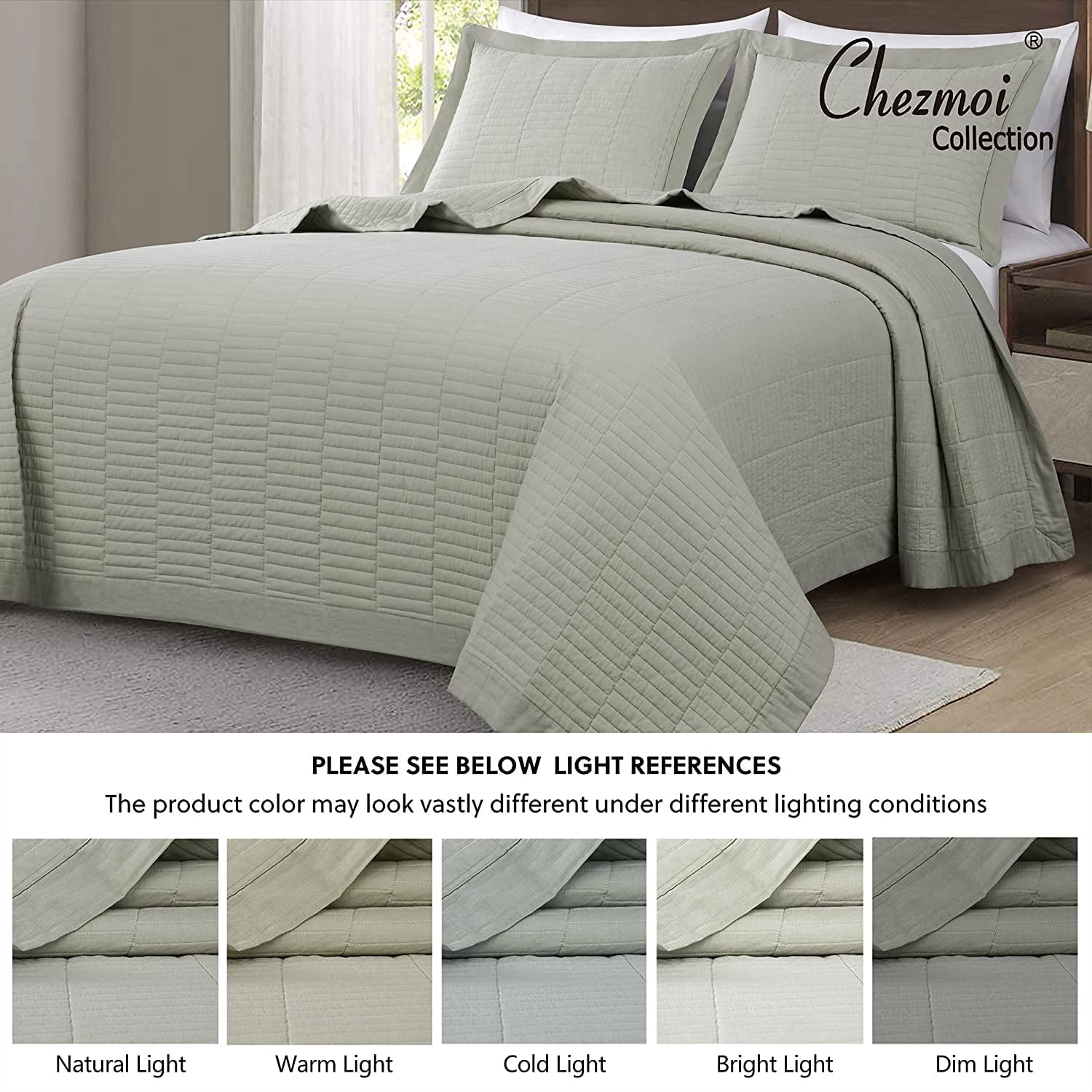 Chezmoi Collection Yuma 3-Piece 100% Cotton Quilt Set Queen Size, Natural, Modern Geometric Rectangle Stitched Quilt Washed Cotton Bedspread Set for All Season