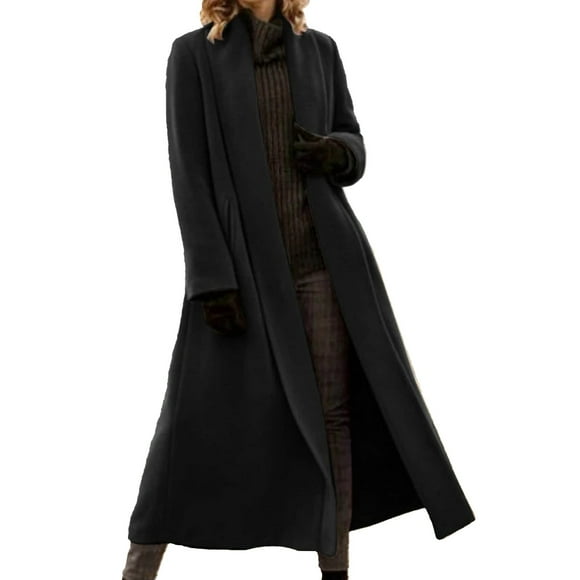 Women Fashion Solid Long Coat Long Sleeve Casual Wool Trench Coat Women'S Casual Jackets Black L